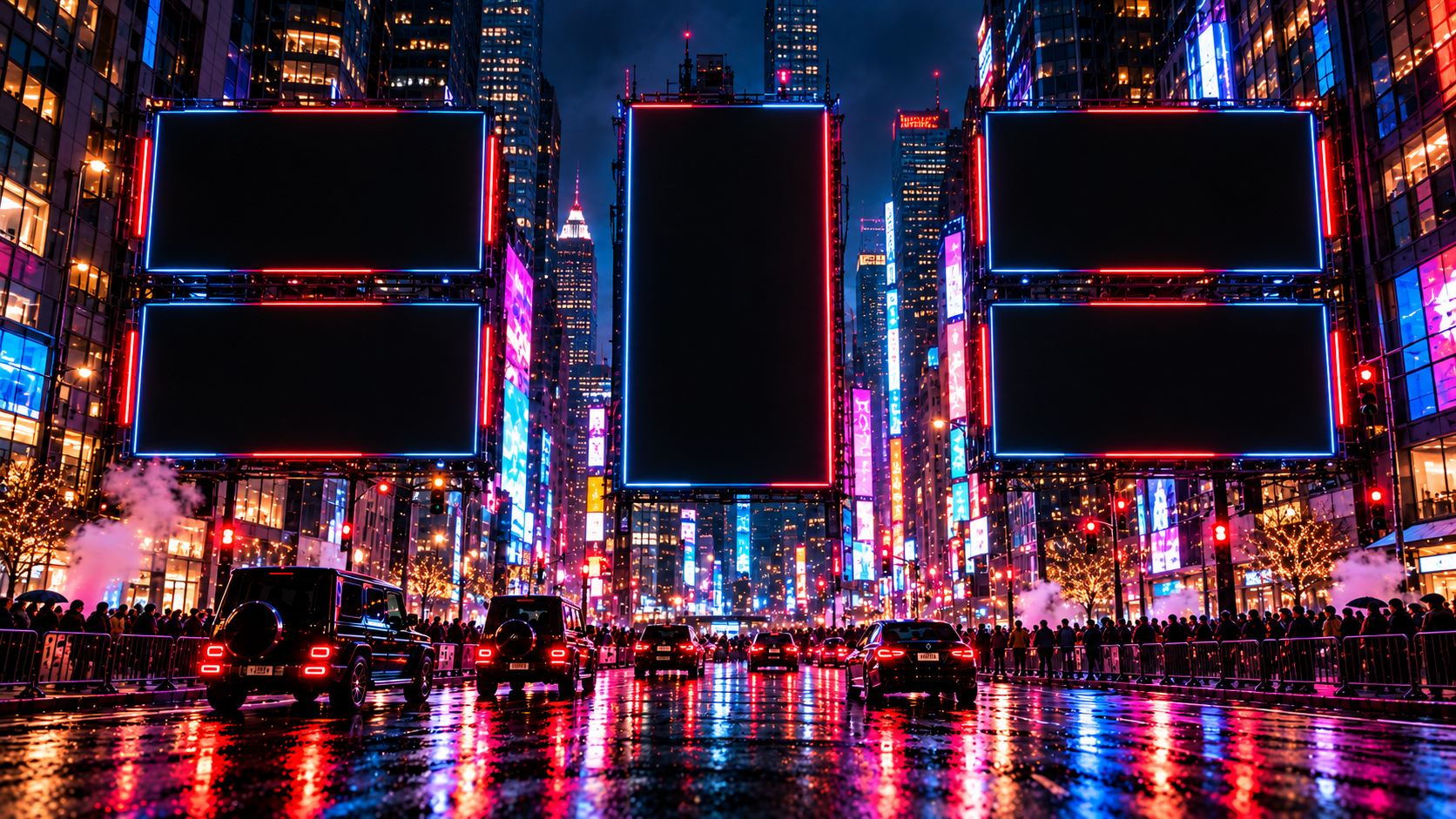 A cinematic nighttime city with neon billboards and reflections across a rain-soaked street